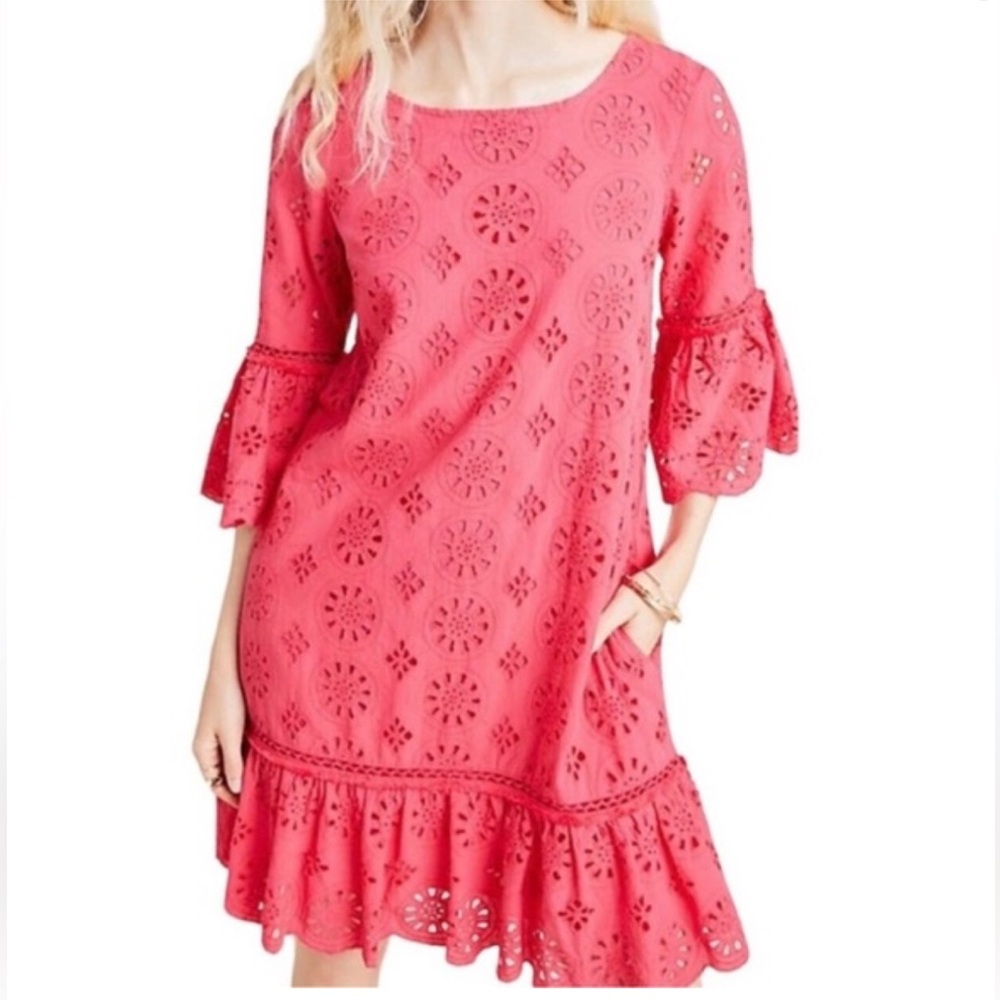 Anthropologie Dani Pink Coral Eyelet Lace Beaded Dress, 8